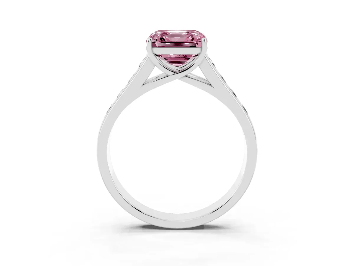 Fancy Pink Asscher Cut Brilliant Channel-Set Solitaire Ring with Four-Prong Setting Silver