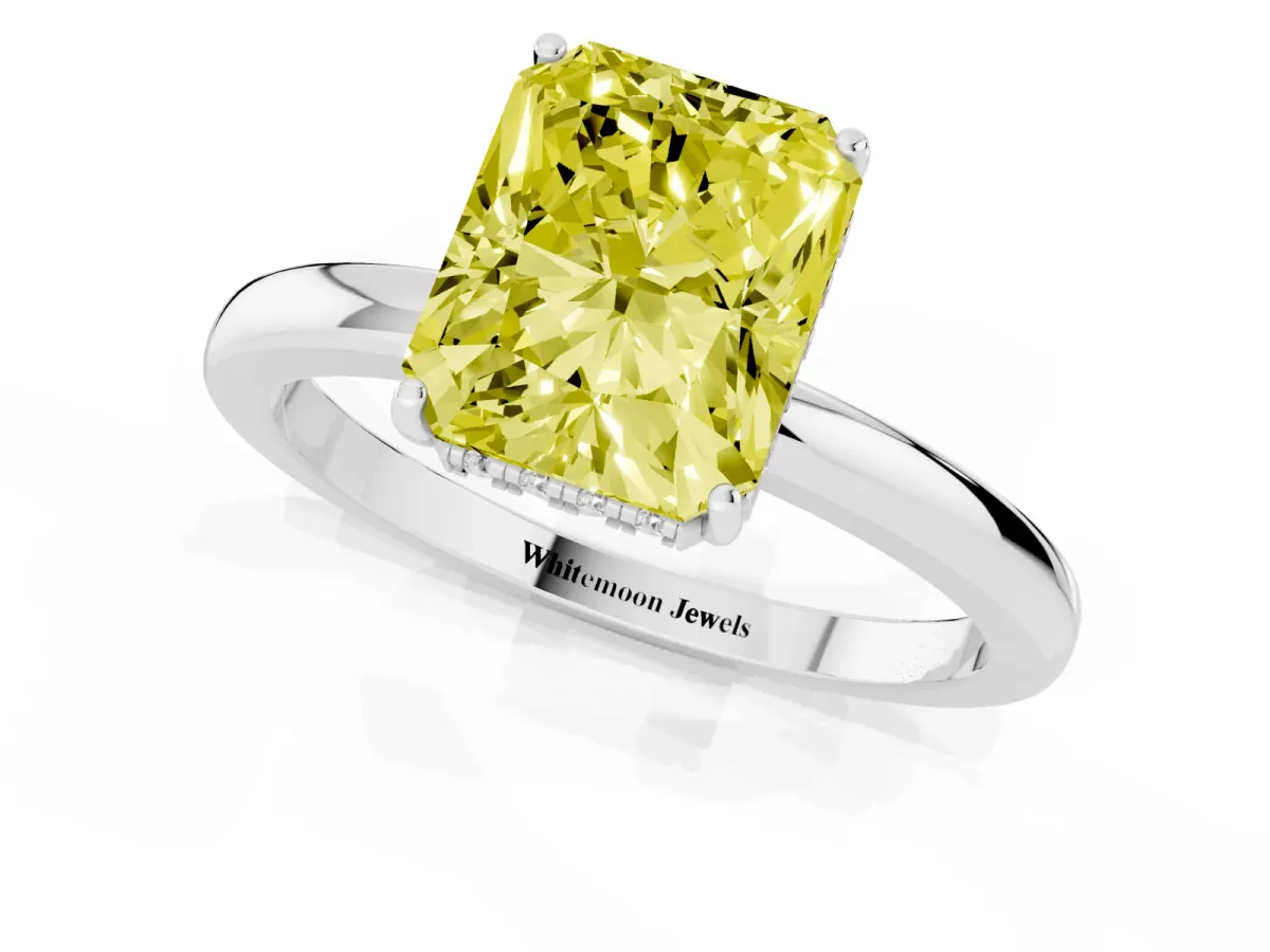 Fancy Yellow Radiant Cut Solitaire Diamond Ring with Prong Setting and Plain Band Platinum