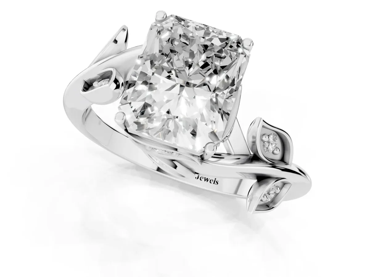 Radiant Cut Solitaire Twist Engagement Ring with Leaf Accents and Prong Setting Silver