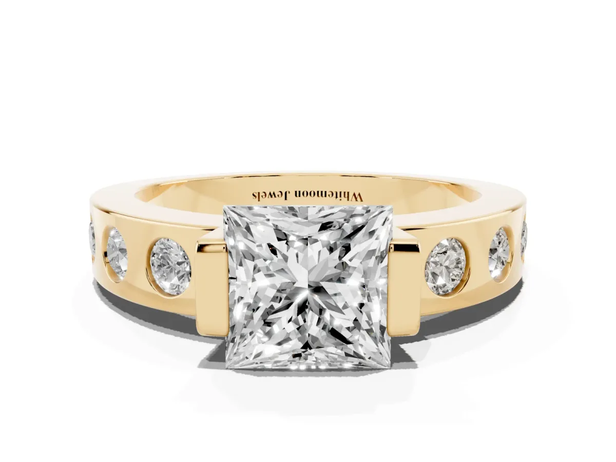 Princess Cut Brilliant Channel-Set Diamond Ring with Bezel Prong Setting Yellow gold