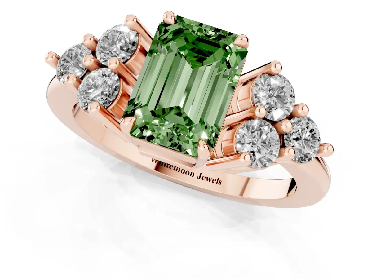 Fancy Green Emerald Cut Brilliant Diamond Cluster Accent Solitaire Ring with Prong Setting Rose gold