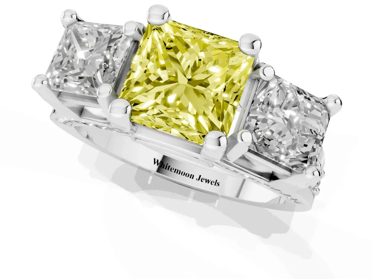 Fancy Yellow Princess Cut Diamond Three-Stone Ring with Channel Set Band and Four-Prong Setting Silver