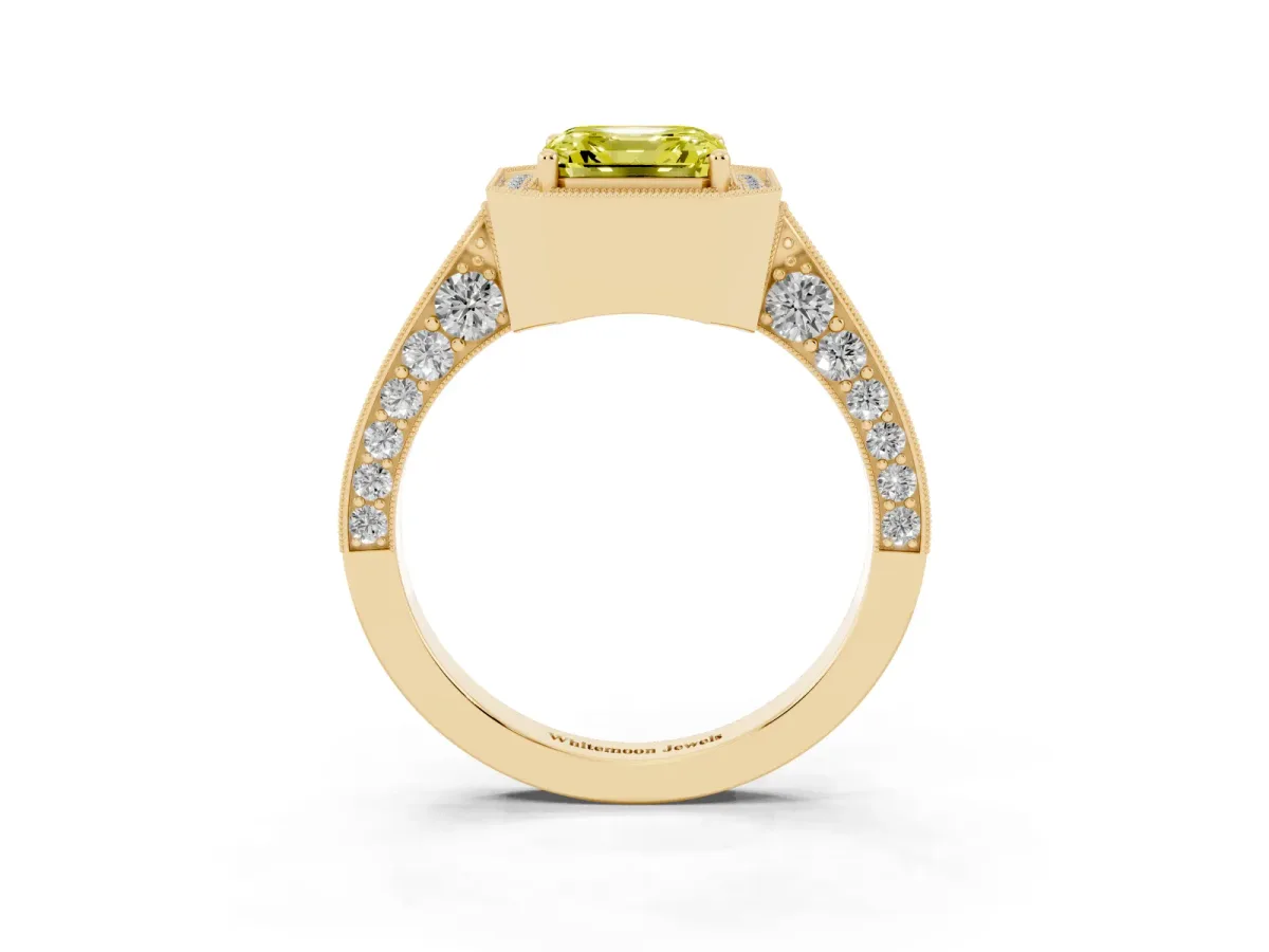 Fancy Yellow Asscher Cut Halo Diamond Engagement Ring with Split Shank Band and Four-Prong Setting Yellow gold