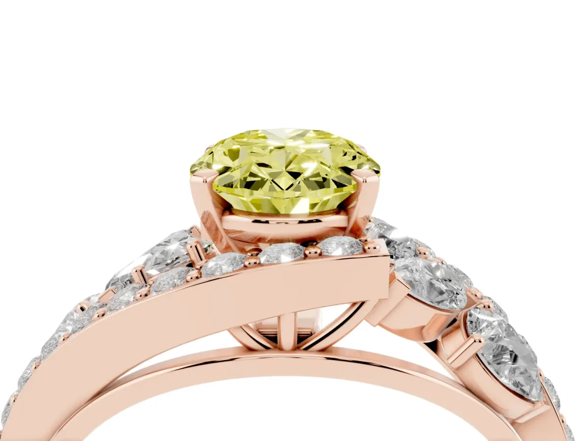 Fancy Yellow Oval Cut Diamond Halo Ring with Marquise and Pavé Band in Prong Setting Rose gold