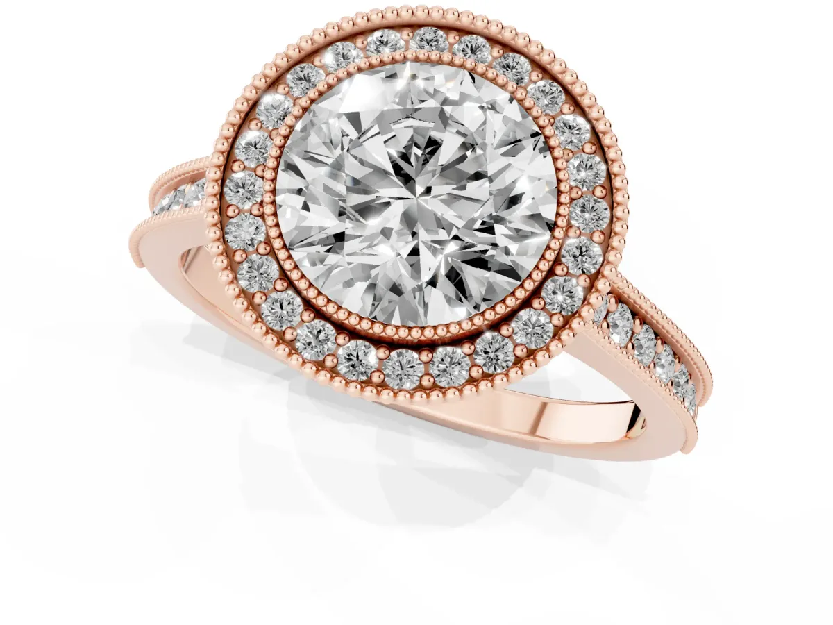 Halo Round Cut-Cut Diamond Pave Band Milgrain Prong Setting Ring Rose gold