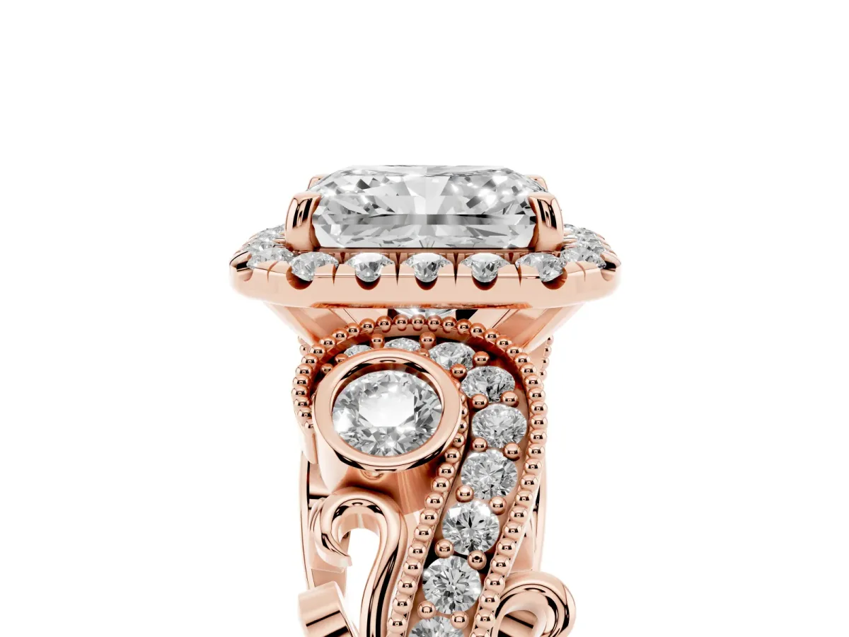 Radiant Cut Halo Diamond Ring with Milgrain and Bezel Accents on a Split Shank Band Rose gold