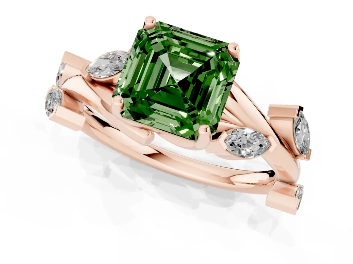 Fancy Green Asscher Cut Solitaire Twisted Band Marquise Accent Prong Setting Ring Rose gold