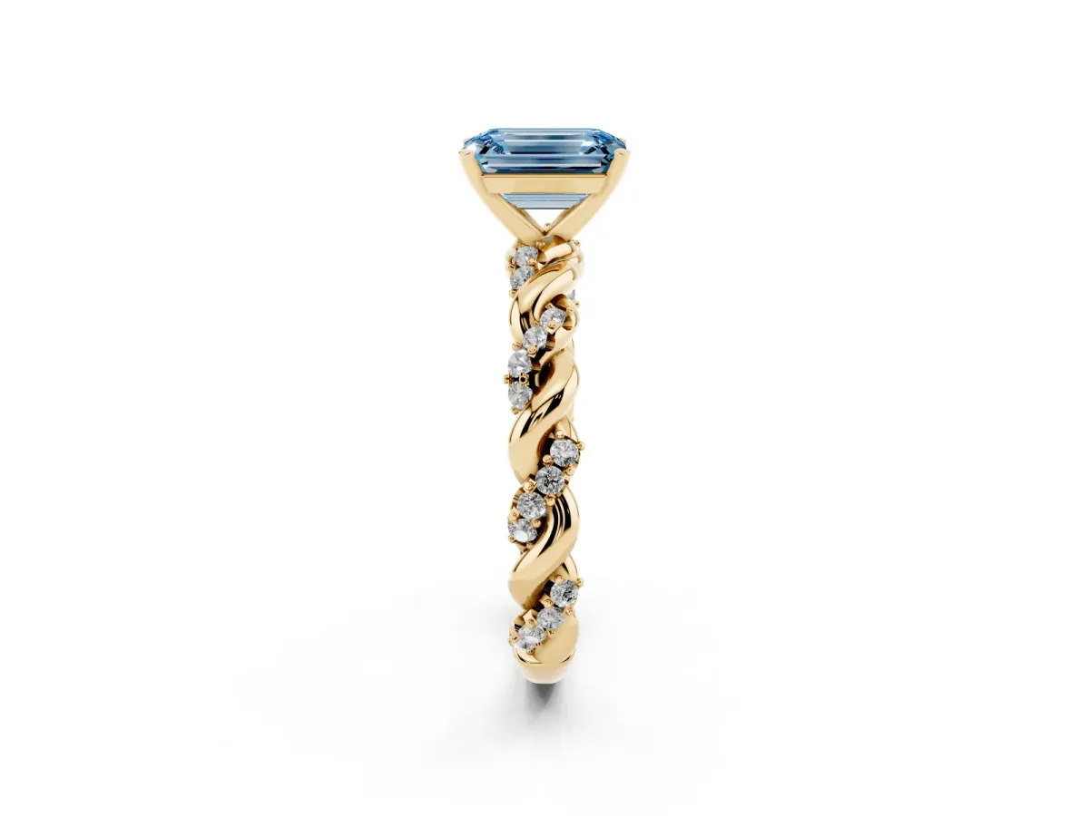 Fancy Blue Emerald Cut Diamond Solitaire Ring with Twisted Band and Pavé Accents Yellow gold