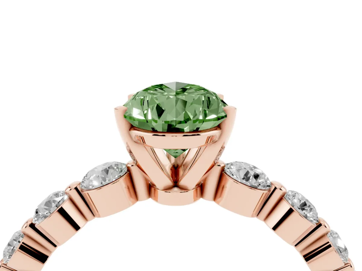 Fancy Green Pear Cut Solitaire Diamond Ring with Pave Band and Four-Prong Setting Rose gold