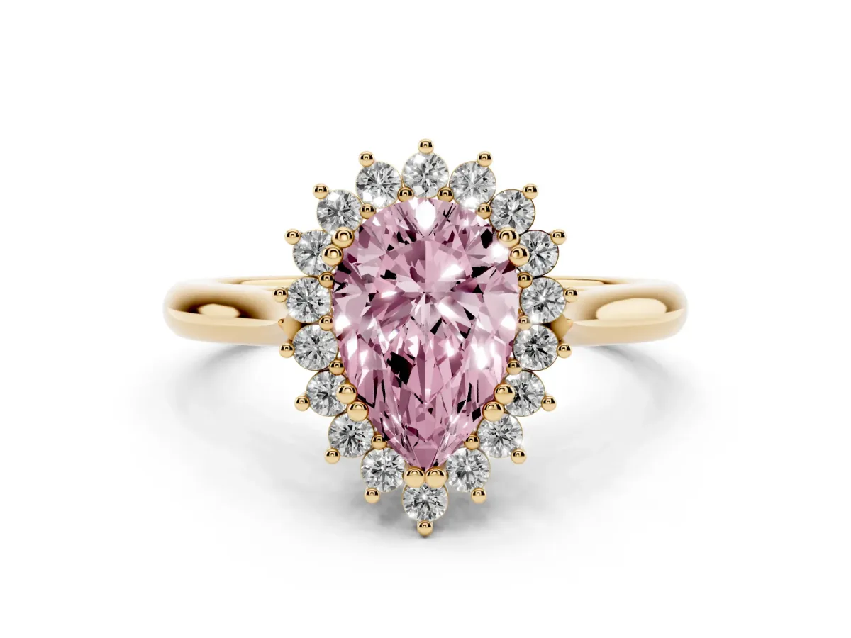 Fancy Pink Pear Cut Cut Diamond Halo Ring with Solitaire Band and Prong Setting Yellow gold