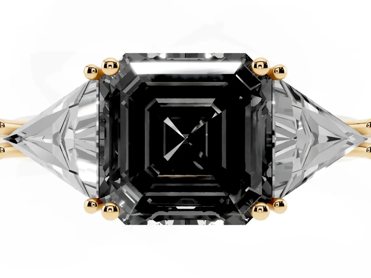 Fancy Black Three-Stone Asscher Cut Diamond Engagement Ring with Trillion Side Stones and Prong Setting Yellow gold