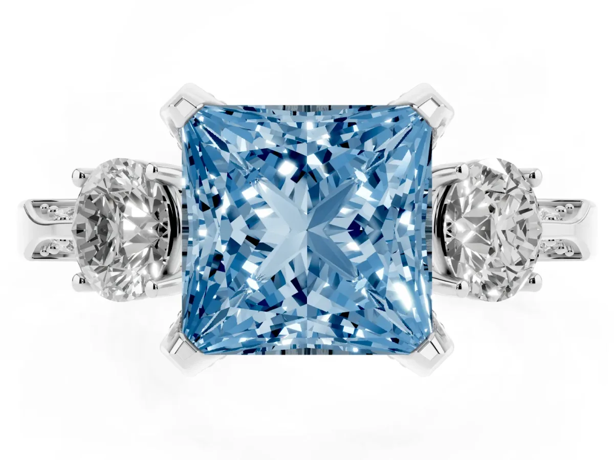 Fancy Blue Princess Cut Brilliant Three-Stone Diamond Ring with Pavé Band and Four-Prong Setting Silver