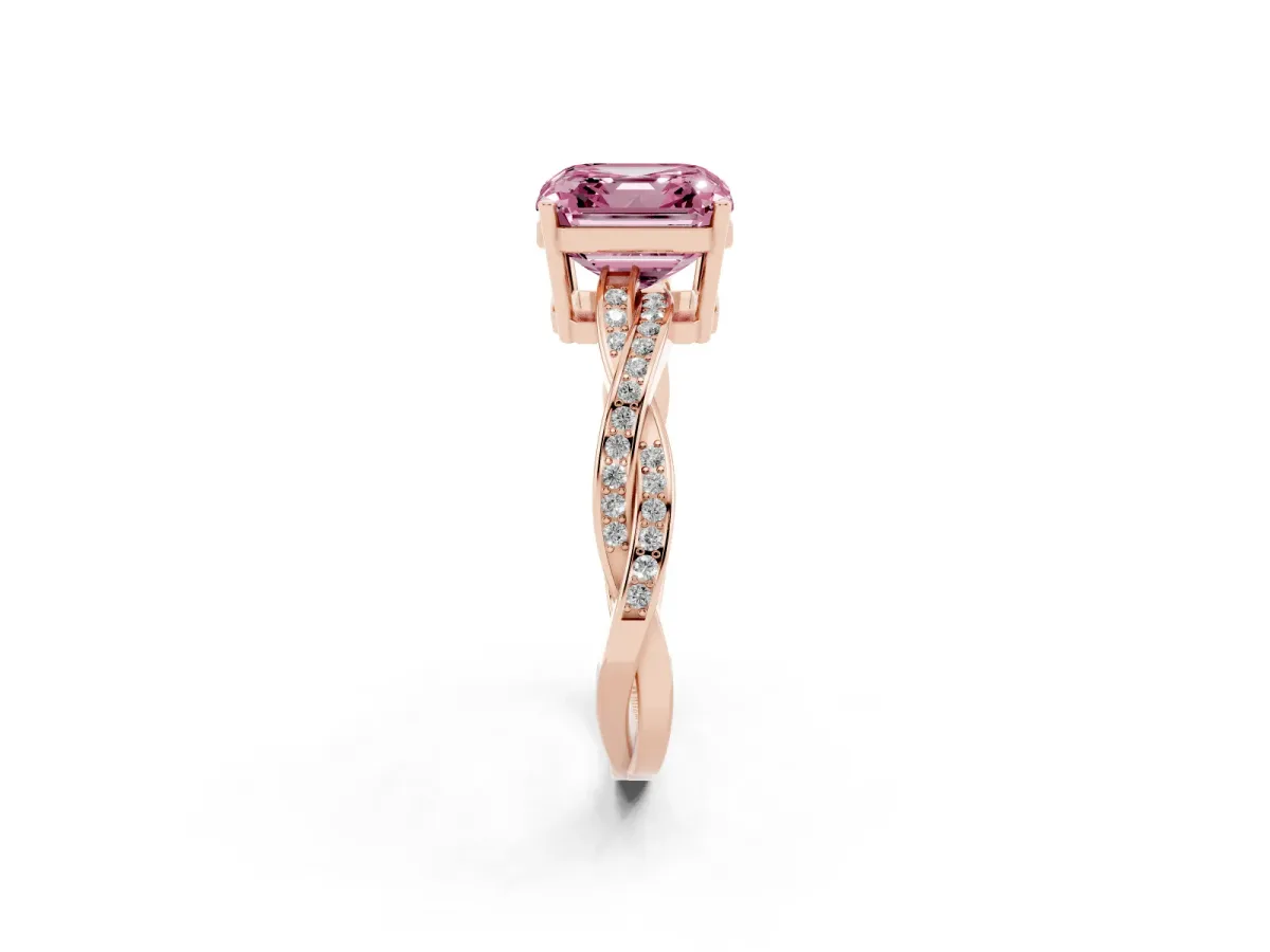 Fancy Pink Asscher Cut Solitaire Twisted Pave Diamond Ring with Four-Prong Setting Rose gold