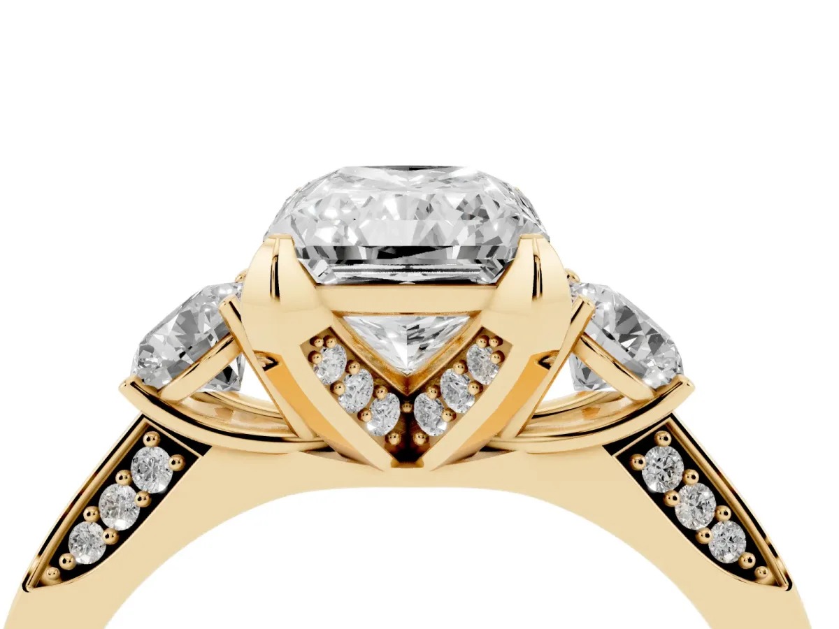 Radiant Cut Brilliant Three-Stone Diamond Ring with Pavé Band and Four-Prong Setting Yellow gold