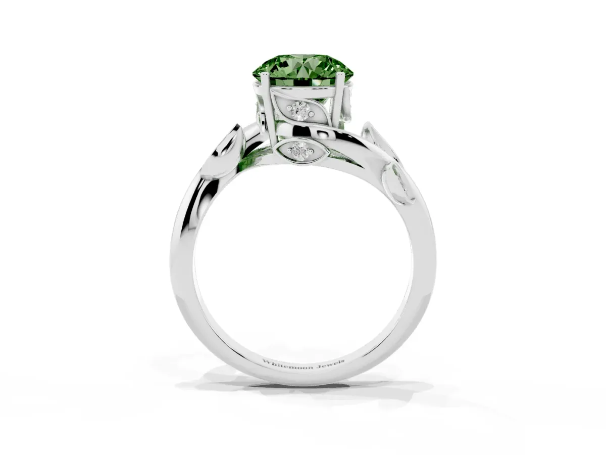 Fancy Green Round Cut Solitaire Twist Engagement Ring with Leaf Accents and Prong Setting Silver