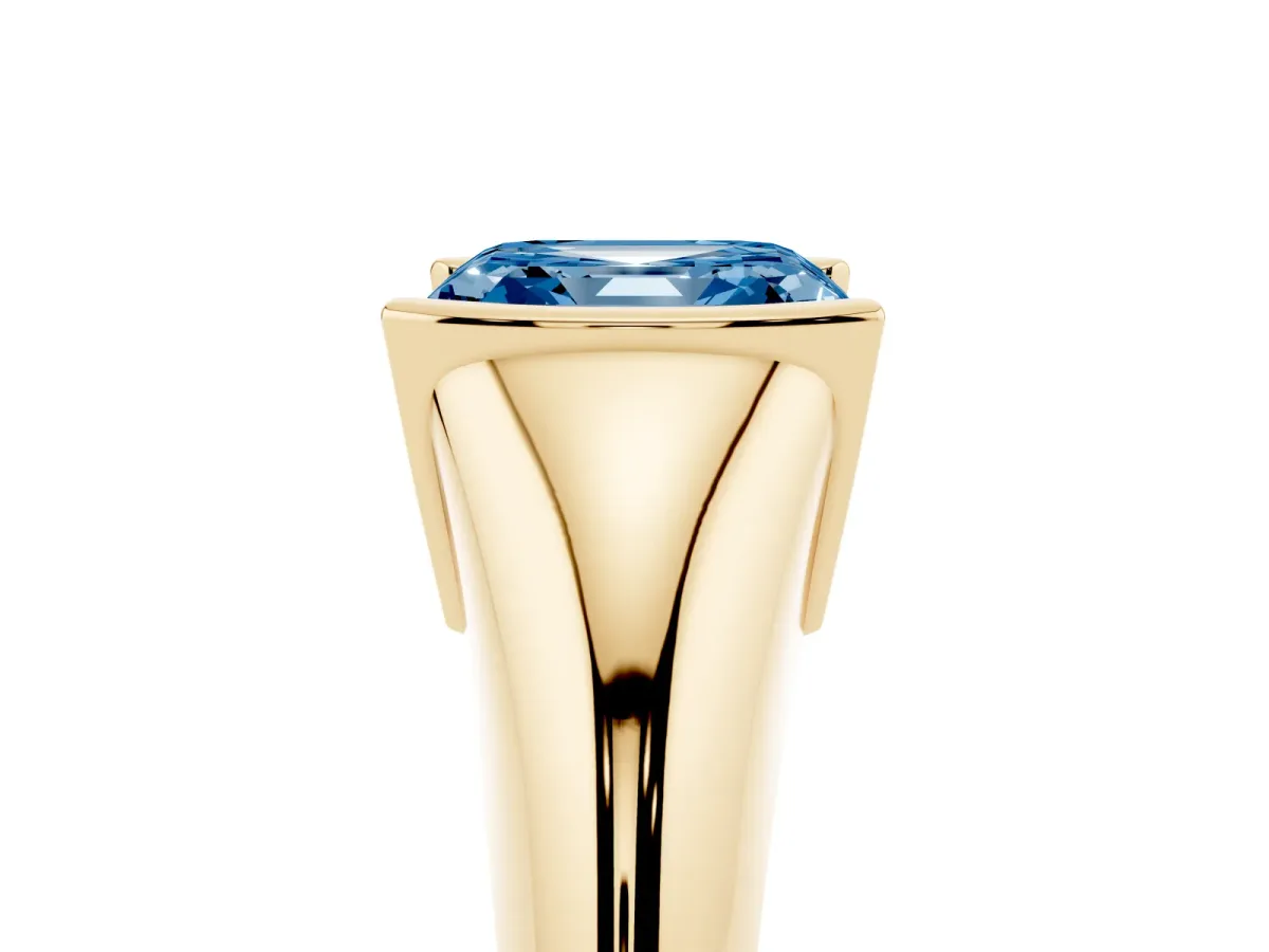Fancy Blue Asscher Cut Solitaire Tension Set Diamond Ring Yellow gold