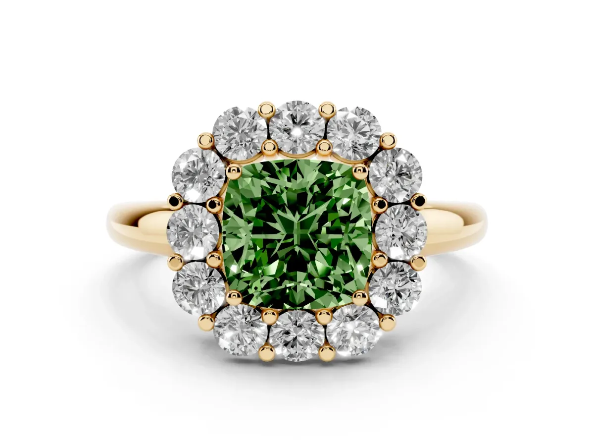 Fancy Green Cushion Cut Halo Cluster Diamond Engagement Ring with Prong Setting and Polished Band Yellow gold