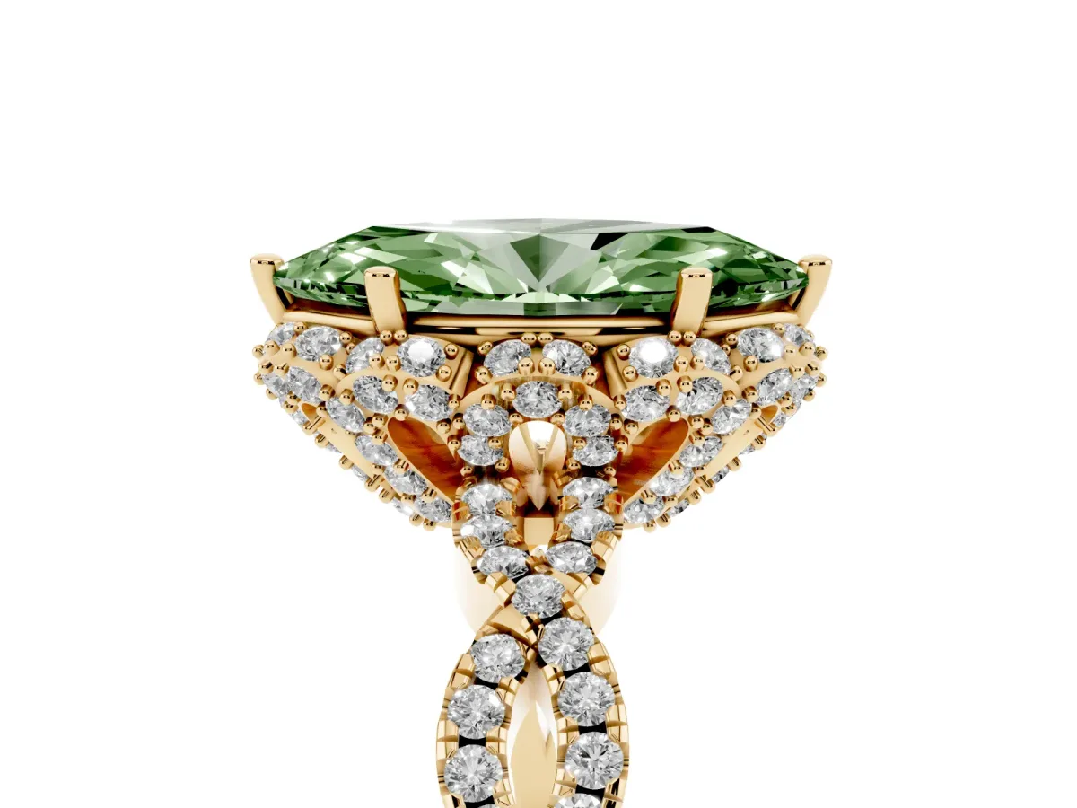 Fancy Green Marquise Cut Halo Twist Band Solitaire Ring with Six-Prong Setting Yellow gold