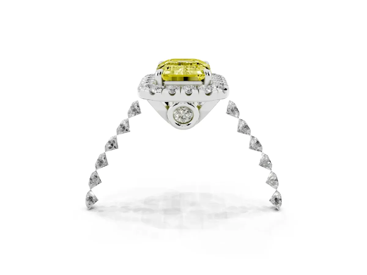 Fancy Yellow Emerald Cut Halo Pavé Diamond Engagement Ring with Four-Prong Setting White gold