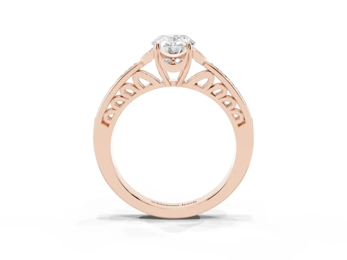 Oval Cut Cut Halo Diamond Ring with Channel Set Band and Four-Prong Setting Rose gold