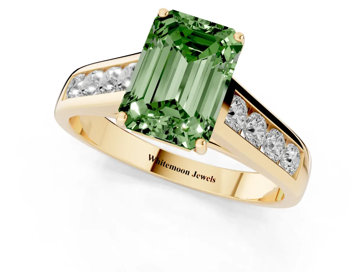Fancy Green Emerald Cut Solitaire Channel-Set Diamond Engagement Ring with Four-Prong Setting Yellow gold