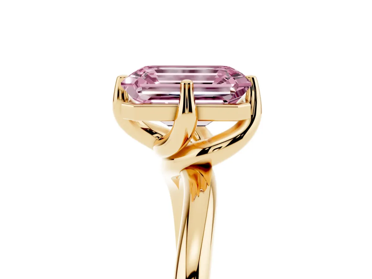 Fancy Pink Emerald Cut Diamond Solitaire Engagement Ring with Four-Prong Setting and Classic Band Yellow gold