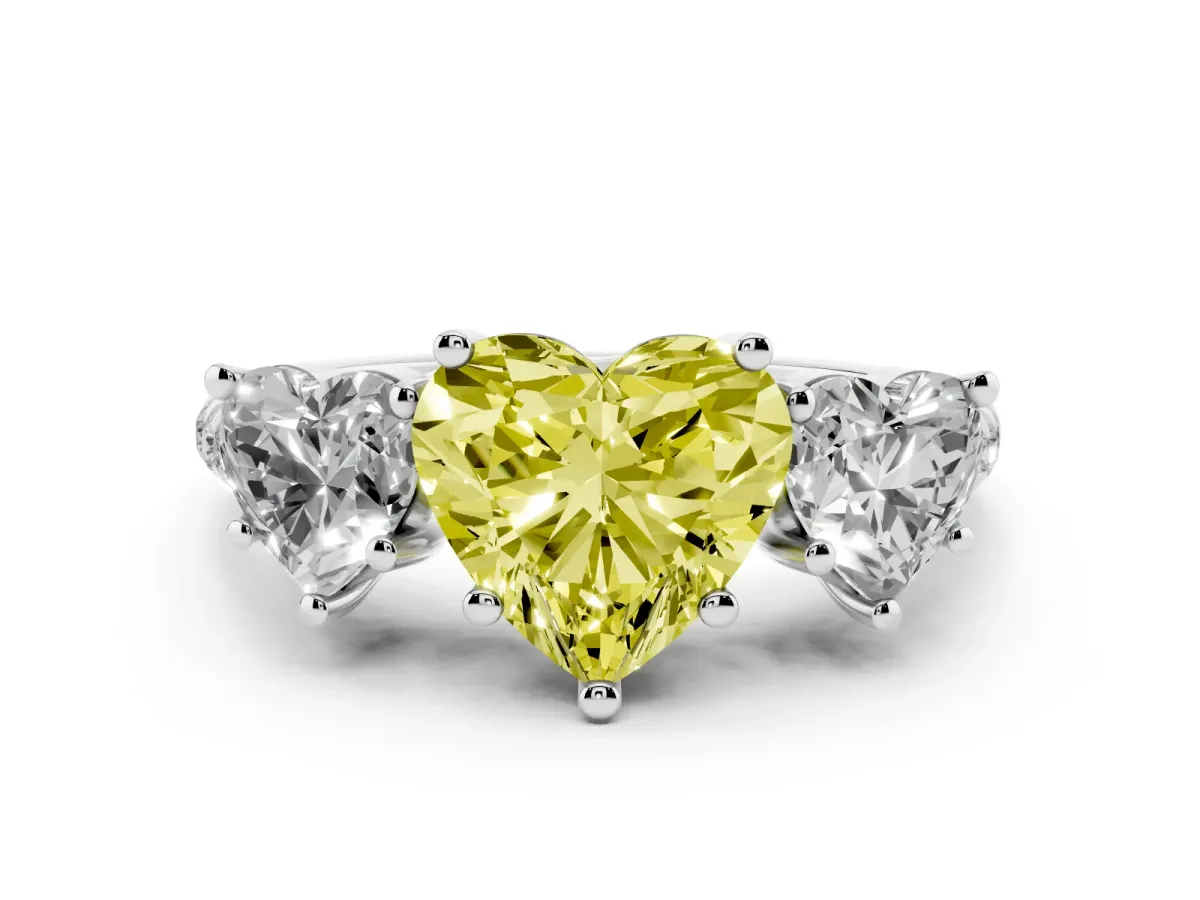 Fancy Yellow Three-Stone Heart Cut Diamond Ring with Round Pavé Band and Prong Setting Silver