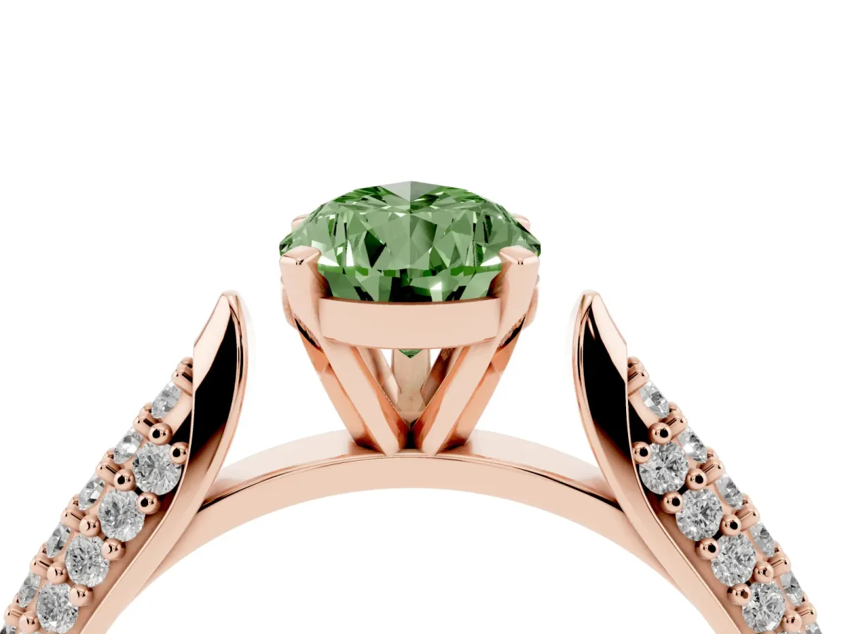 Fancy Green Pear Cut Diamond Solitaire Engagement Ring with Multi-Row Round Pavé Band and Prong Setting Rose gold