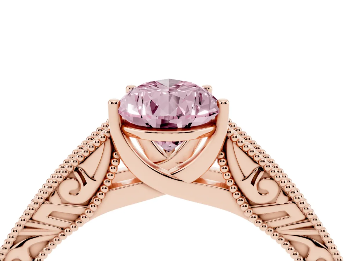Fancy Pink Pear Cut Diamond Solitaire Ring with Engraved Band and Four-Prong Setting Rose gold