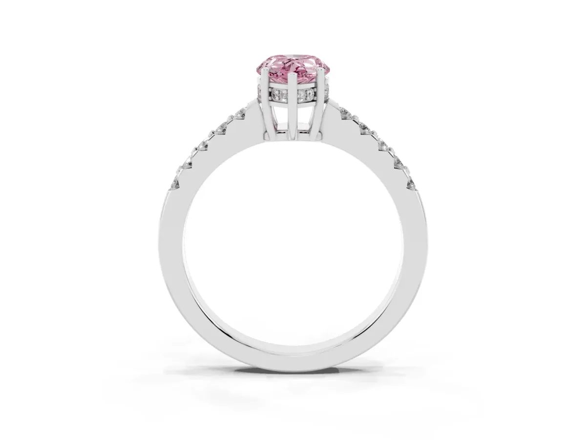 Fancy Pink Pear Cut Solitaire Diamond Engagement Ring with Pavé Band and Six-Prong Setting White gold