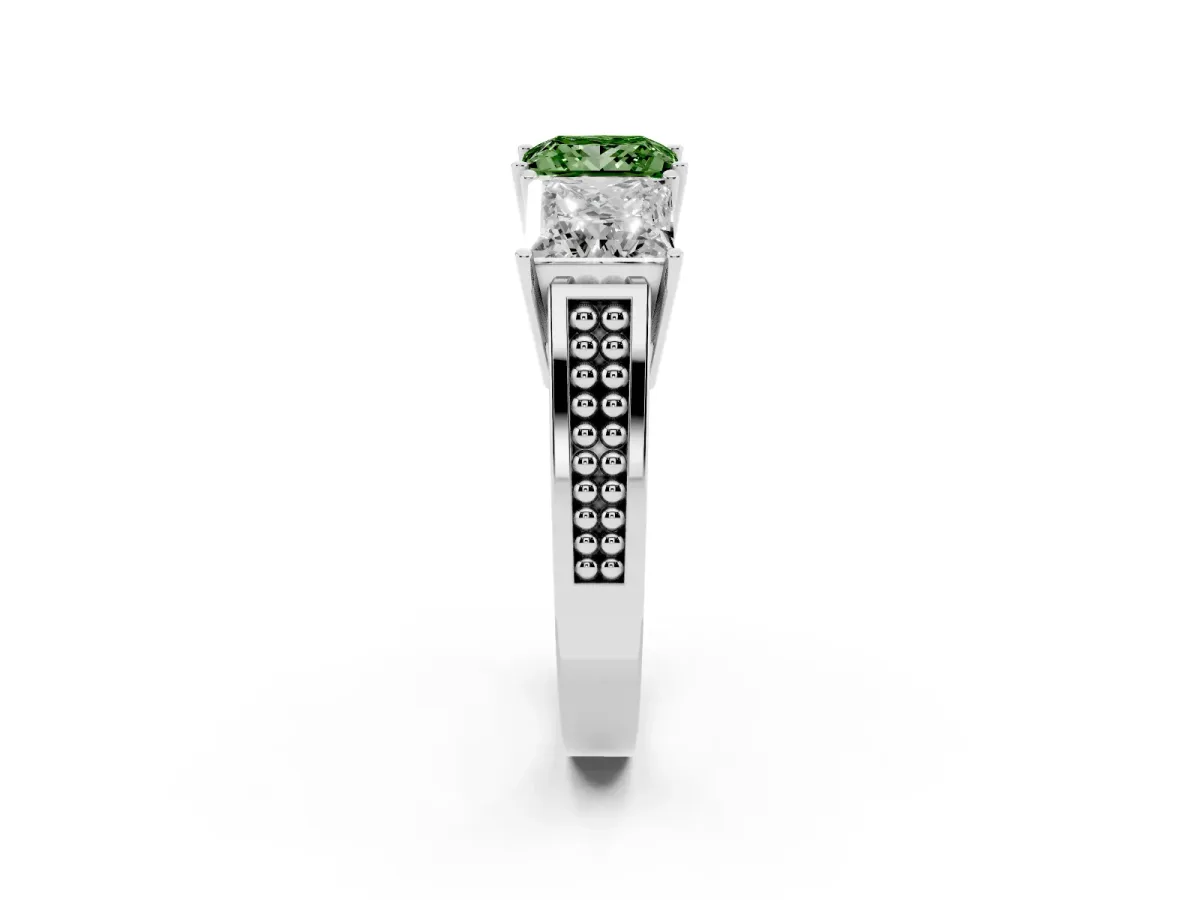 Fancy Green Princess Cut Diamond Three-Stone Ring with Prong Setting and Textured Band Silver