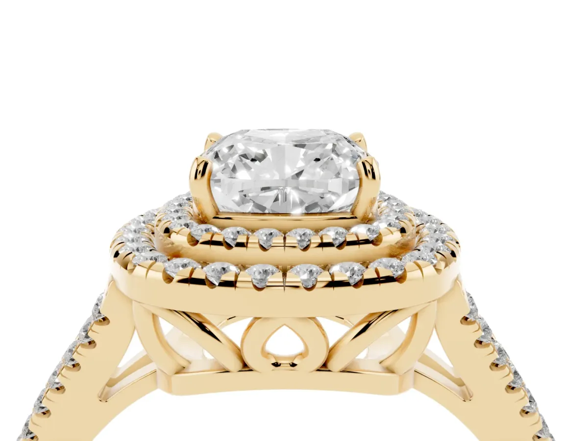 Cushion Cut Diamond Double Halo Ring with Pavé Band and Prong Setting Yellow gold