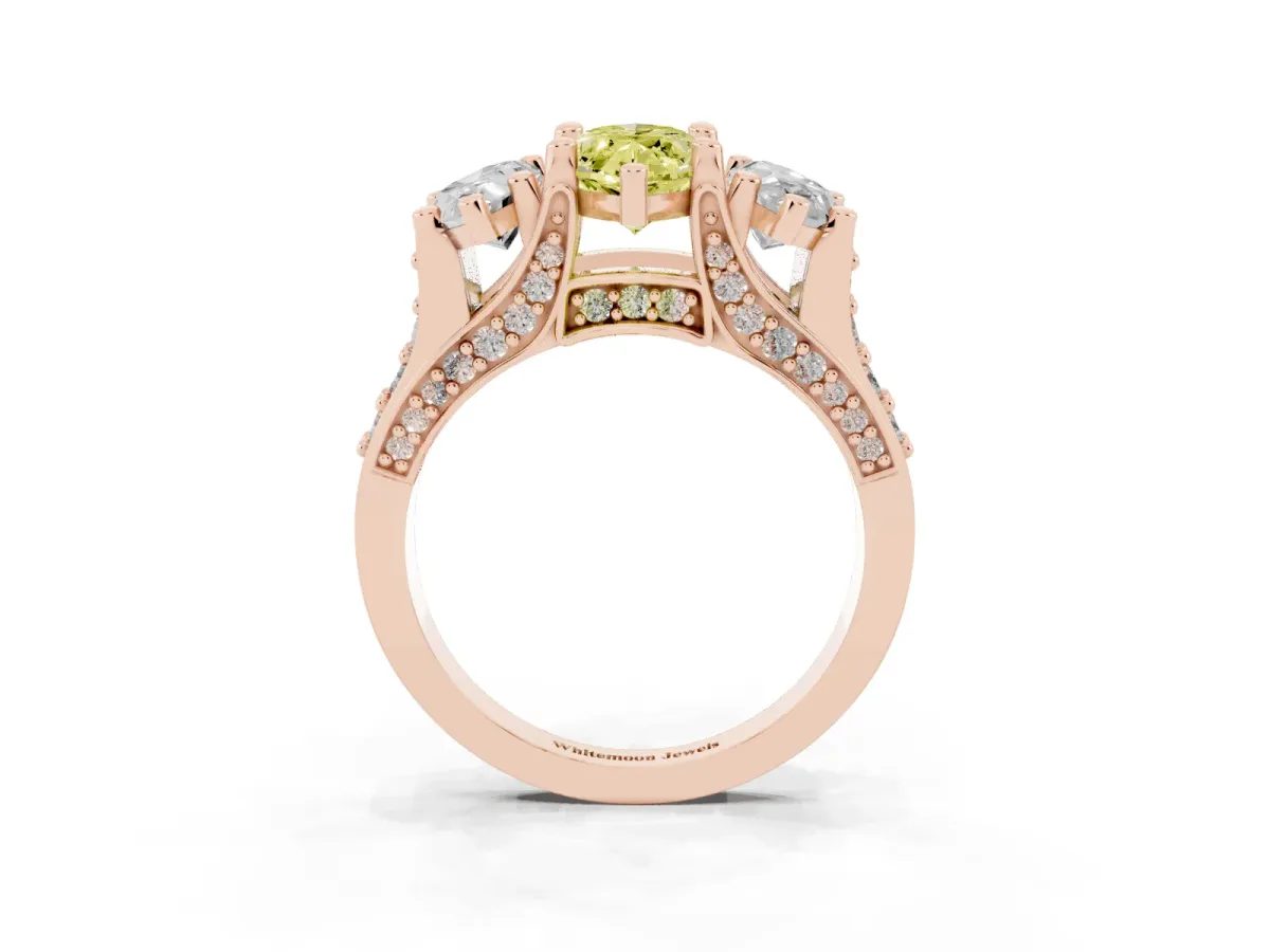 Fancy Yellow Marquise Cut Diamond Three-Stone Ring with Channel Set Band and Four-Prong Setting Rose gold