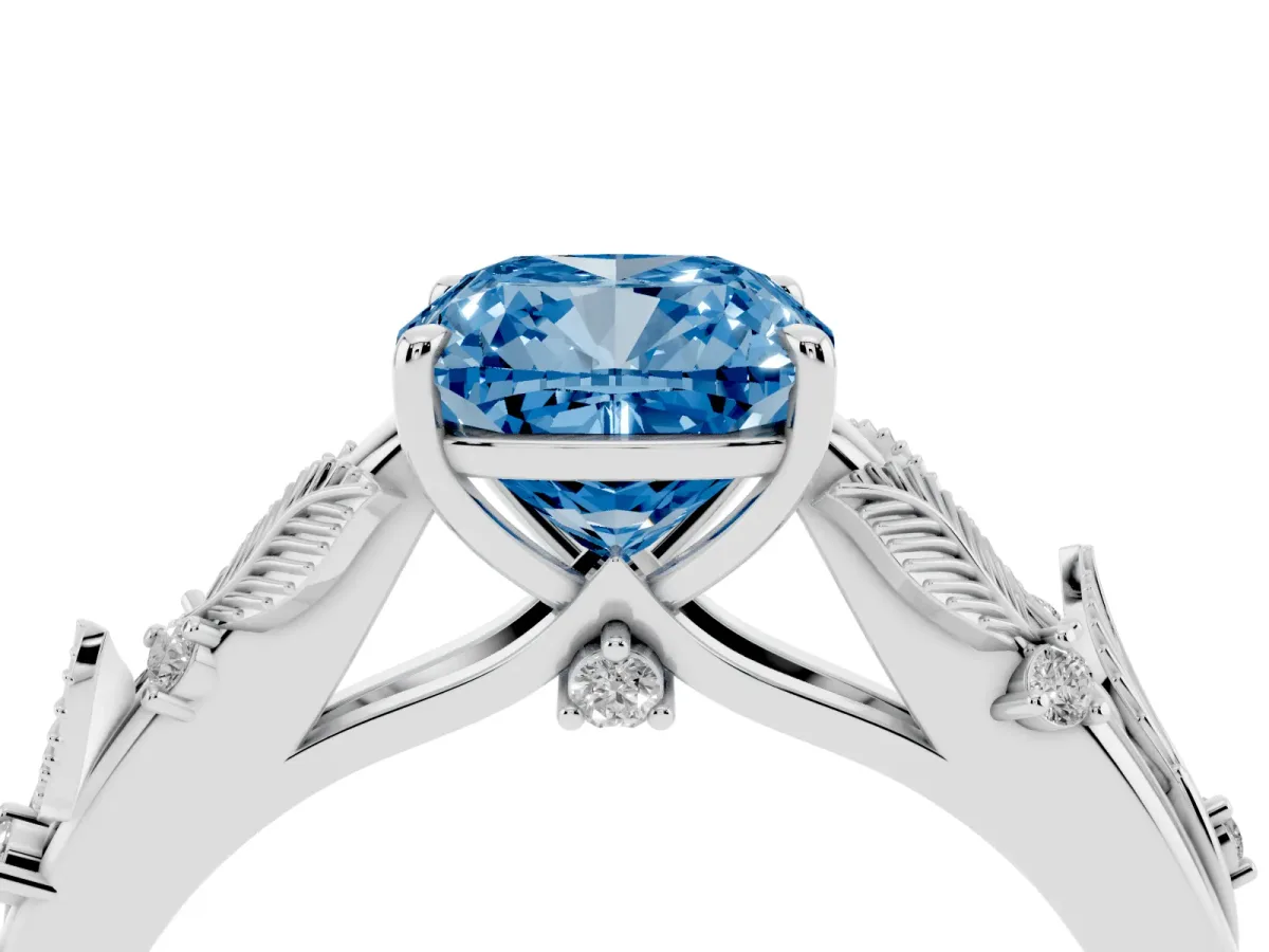 Fancy Blue Cushion Cut Diamond Solitaire Ring with Leaf Motif Band and Four-Prong Setting Silver