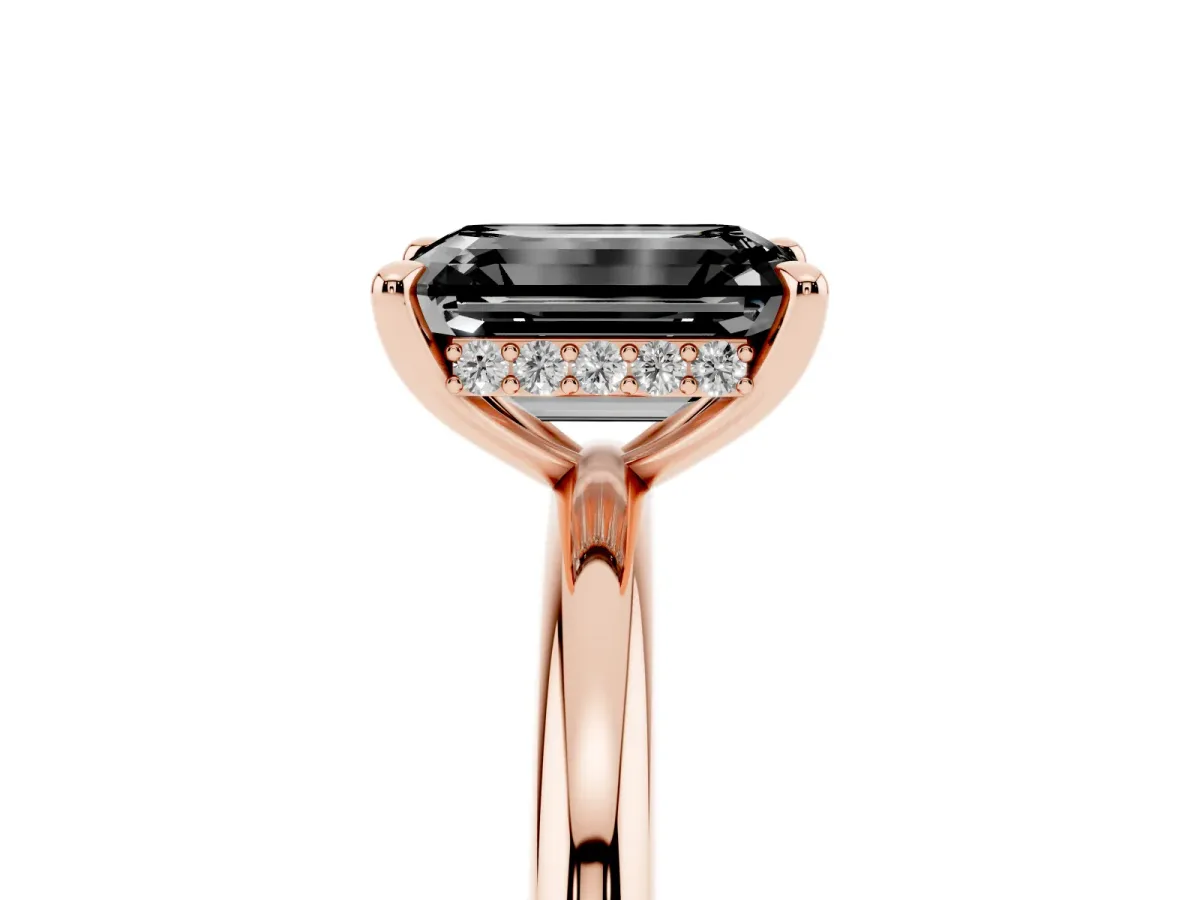 Fancy Black Emerald Cut Diamond Solitaire Ring with Thin Band and Four-Prong Setting Rose gold