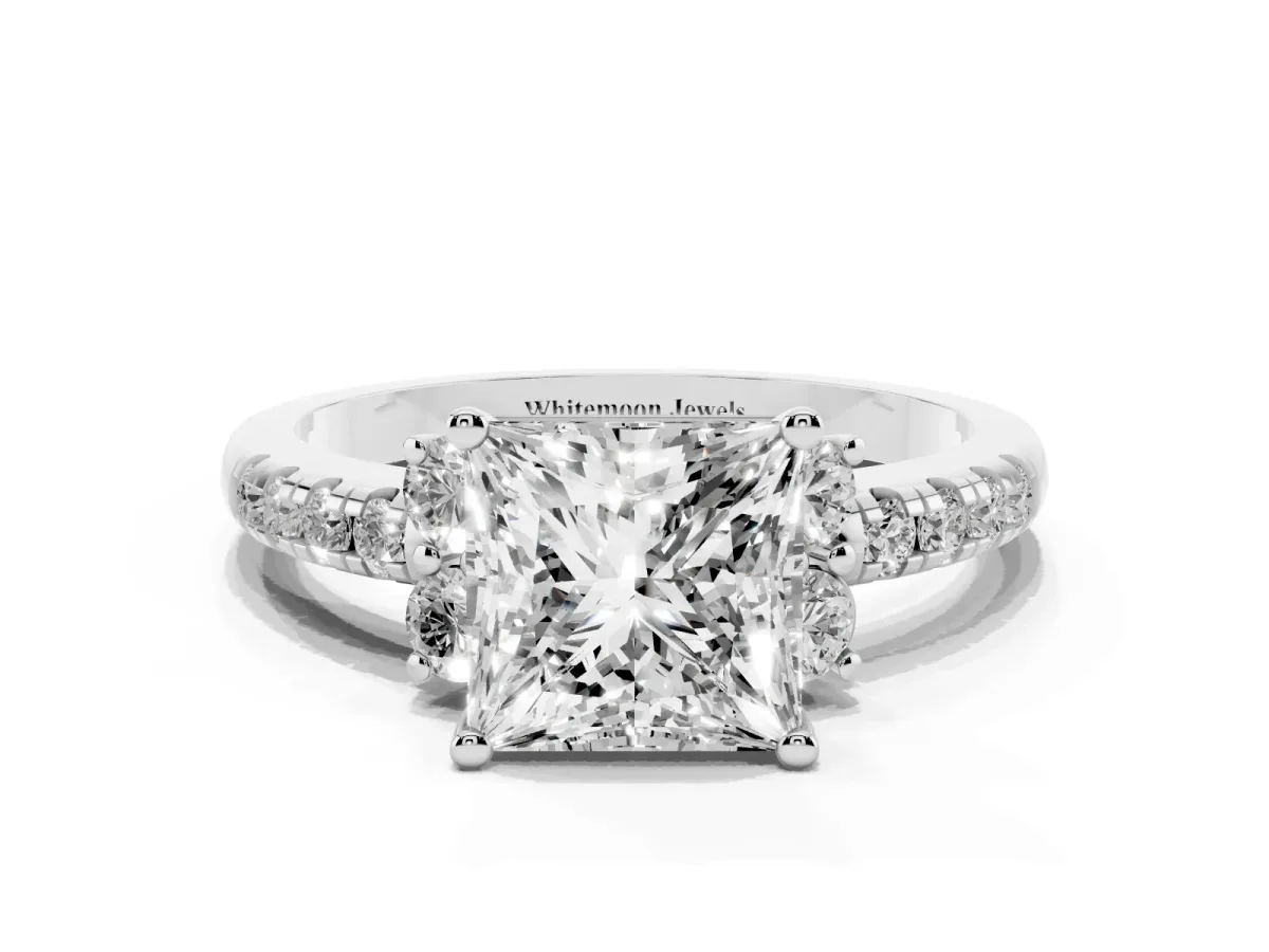 Princess Cut Diamond Three-Stone Pave Band with Four-Prong Setting Silver