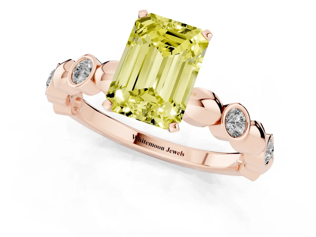 Fancy Yellow Emerald Cut Solitaire Bezel-Set Diamond Ring with Beaded Band and Four-Prong Setting Rose gold