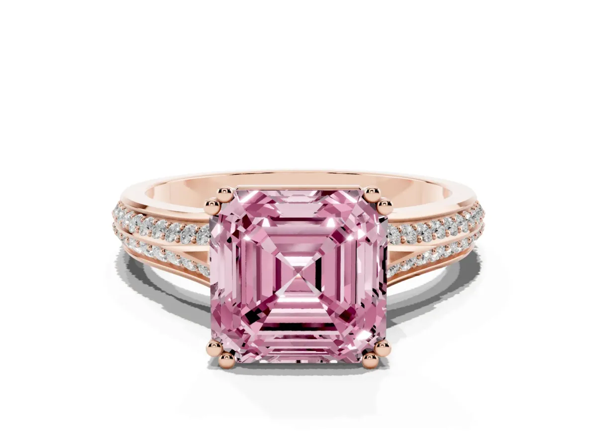 Fancy Pink Asscher Cut Diamond Split Shank Engagement Ring with Pavé Band Rose gold