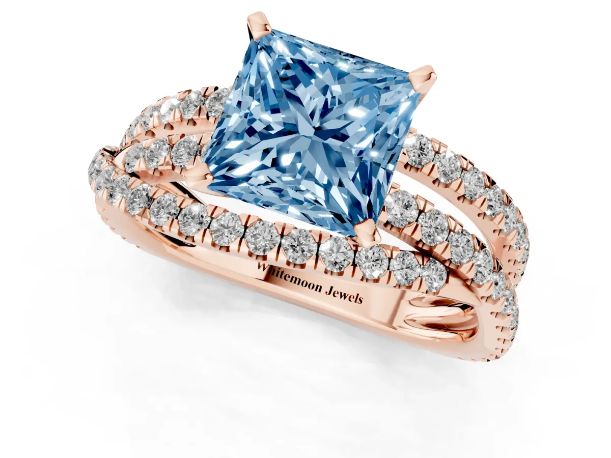 Fancy Blue Princess Cut Solitaire Twist Band with Pavé Setting and Four-Prong Setting Rose gold