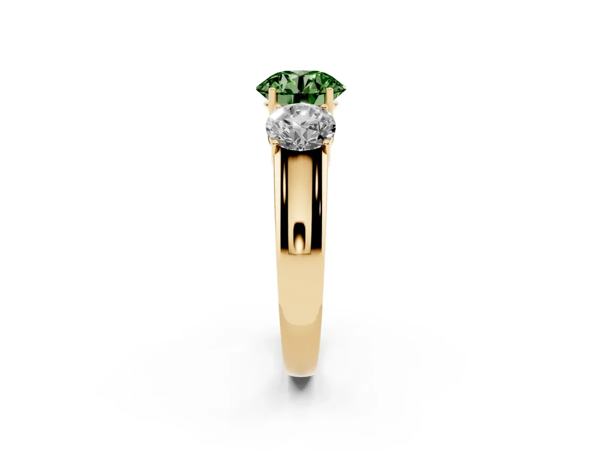 Fancy Green Three-Stone Round Cut Cut Diamond Ring with Prong Setting and Classic Band Yellow gold