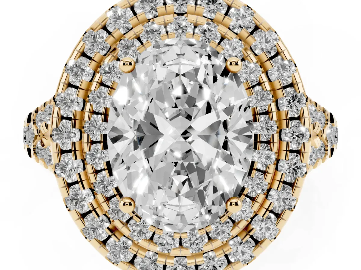 Double Halo Oval Cut Diamond Pavé Split Shank Ring with Prong Setting Yellow gold