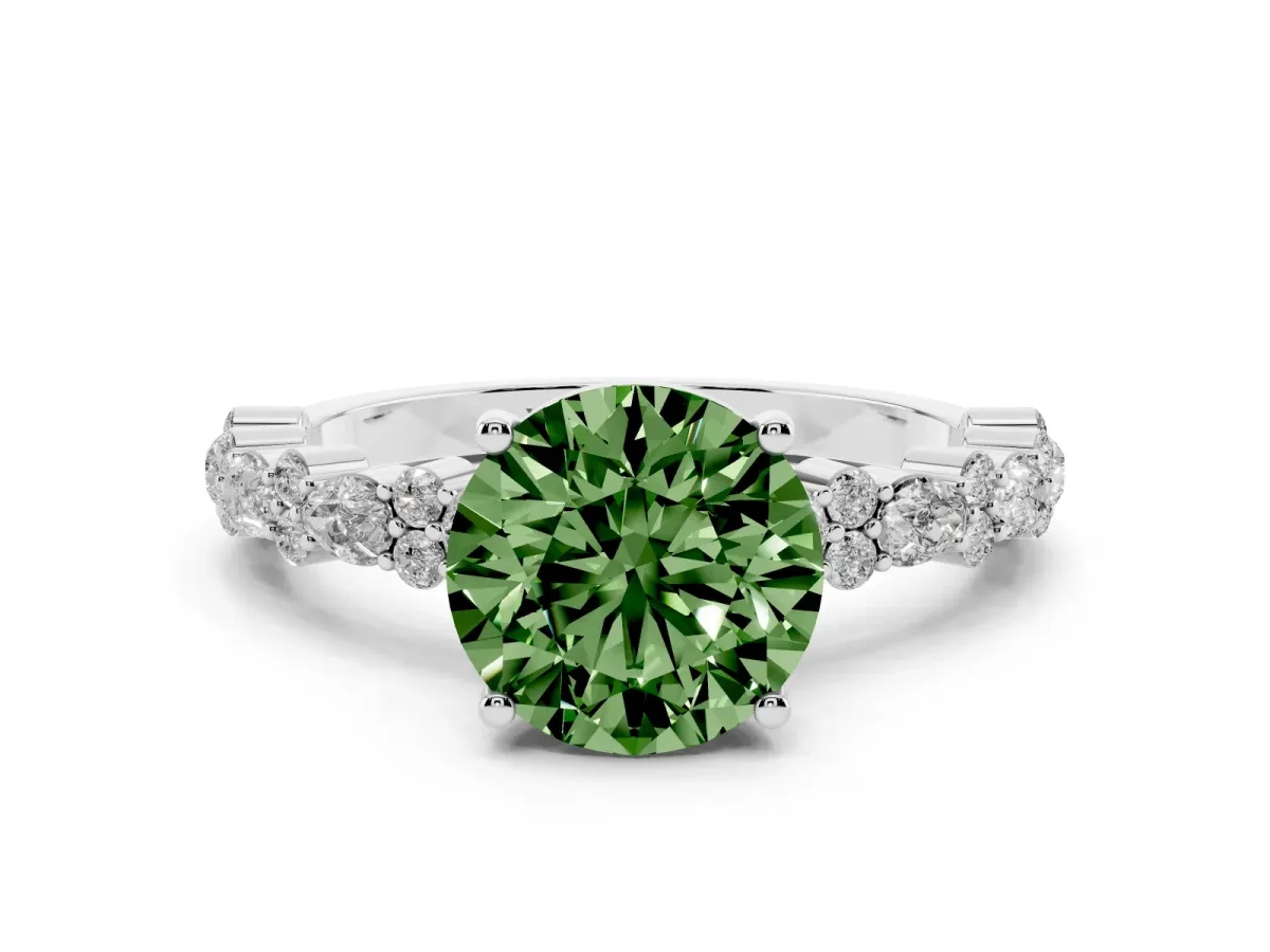 Fancy Green Round Cut Diamond Side Stone Solitaire Ring with Round and Four-Prong Setting Silver