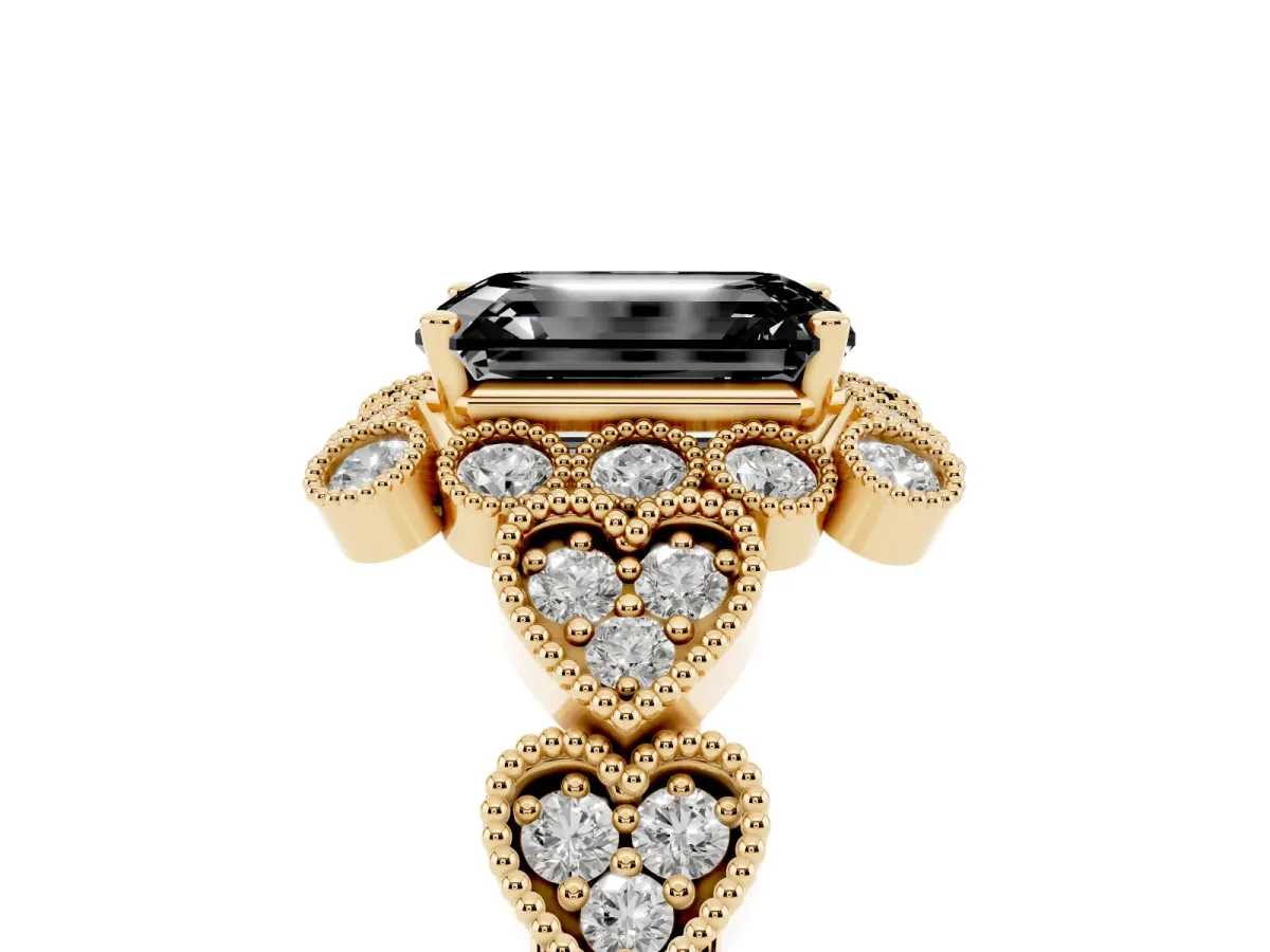 Fancy Black Emerald Cut Brilliant Milgrain Pave Heart Band Solitaire Ring Yellow gold