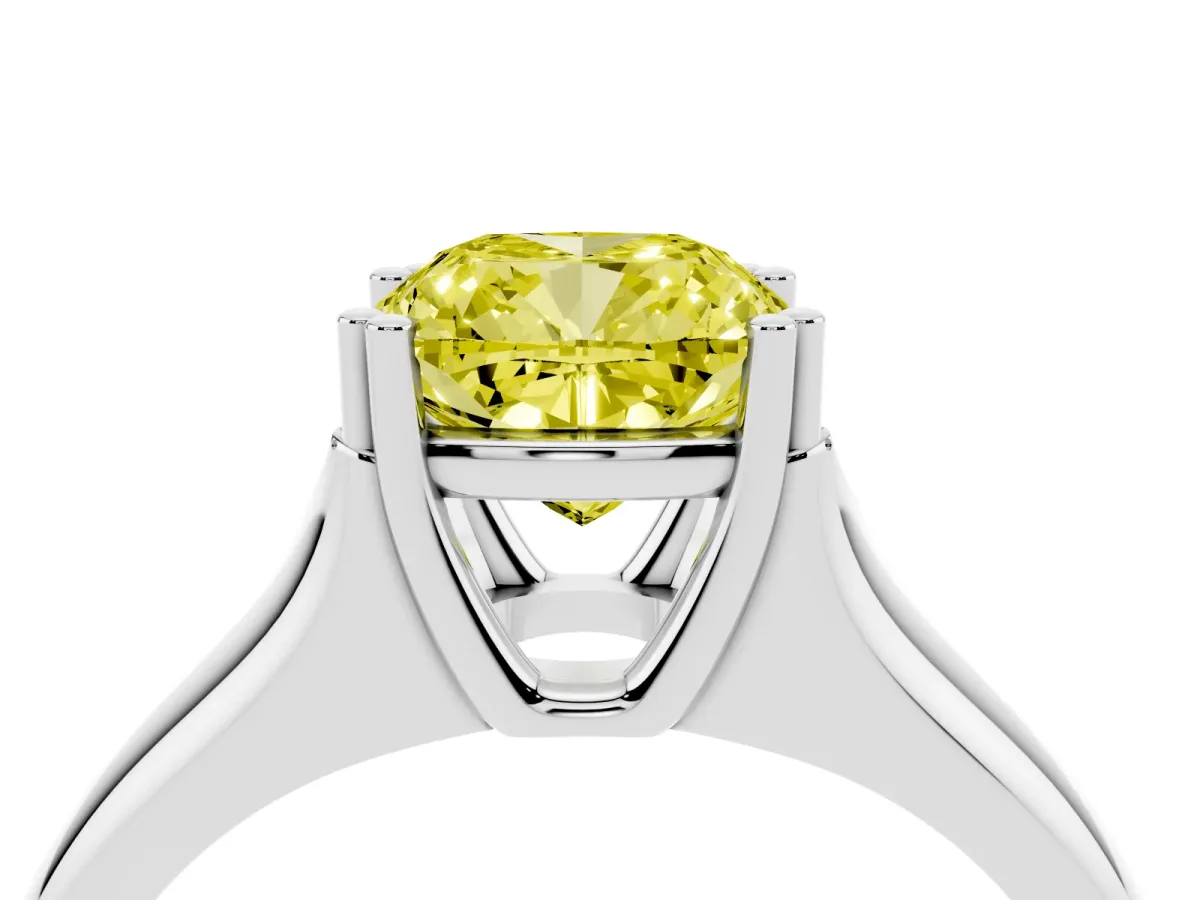 Fancy Yellow Cushion Cut Diamond Solitaire Ring with Wide Band and Prong Setting Silver