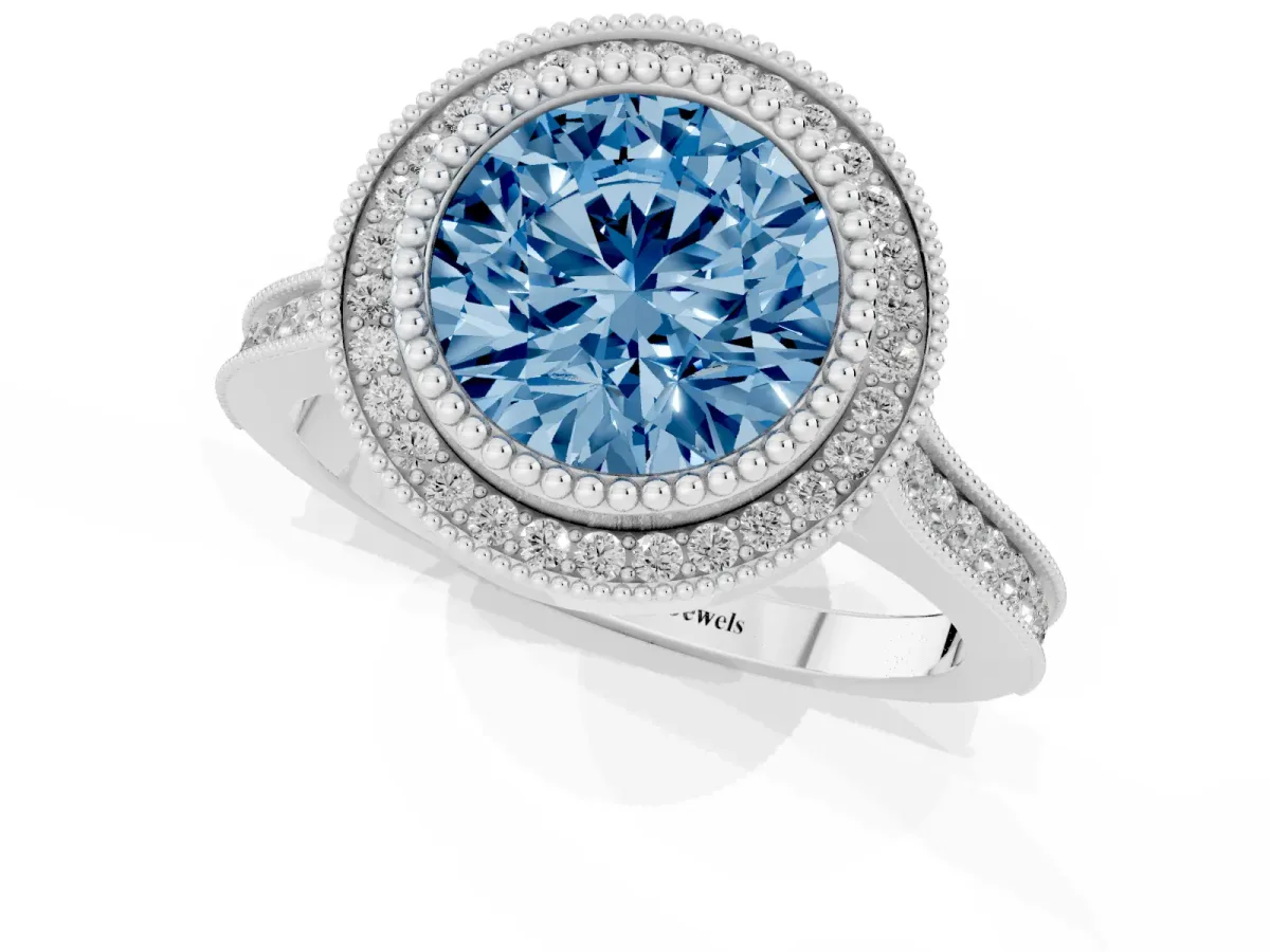 Fancy Blue Round Cut Diamond Halo Ring with Milgrain Frame and Pavé Band White gold