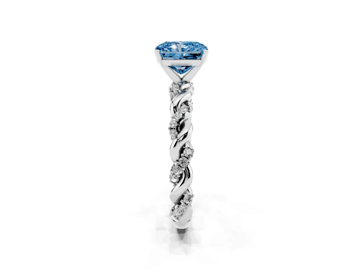 Fancy Blue Radiant Cut Diamond Solitaire Ring with Twisted Band and Pavé Accents White gold