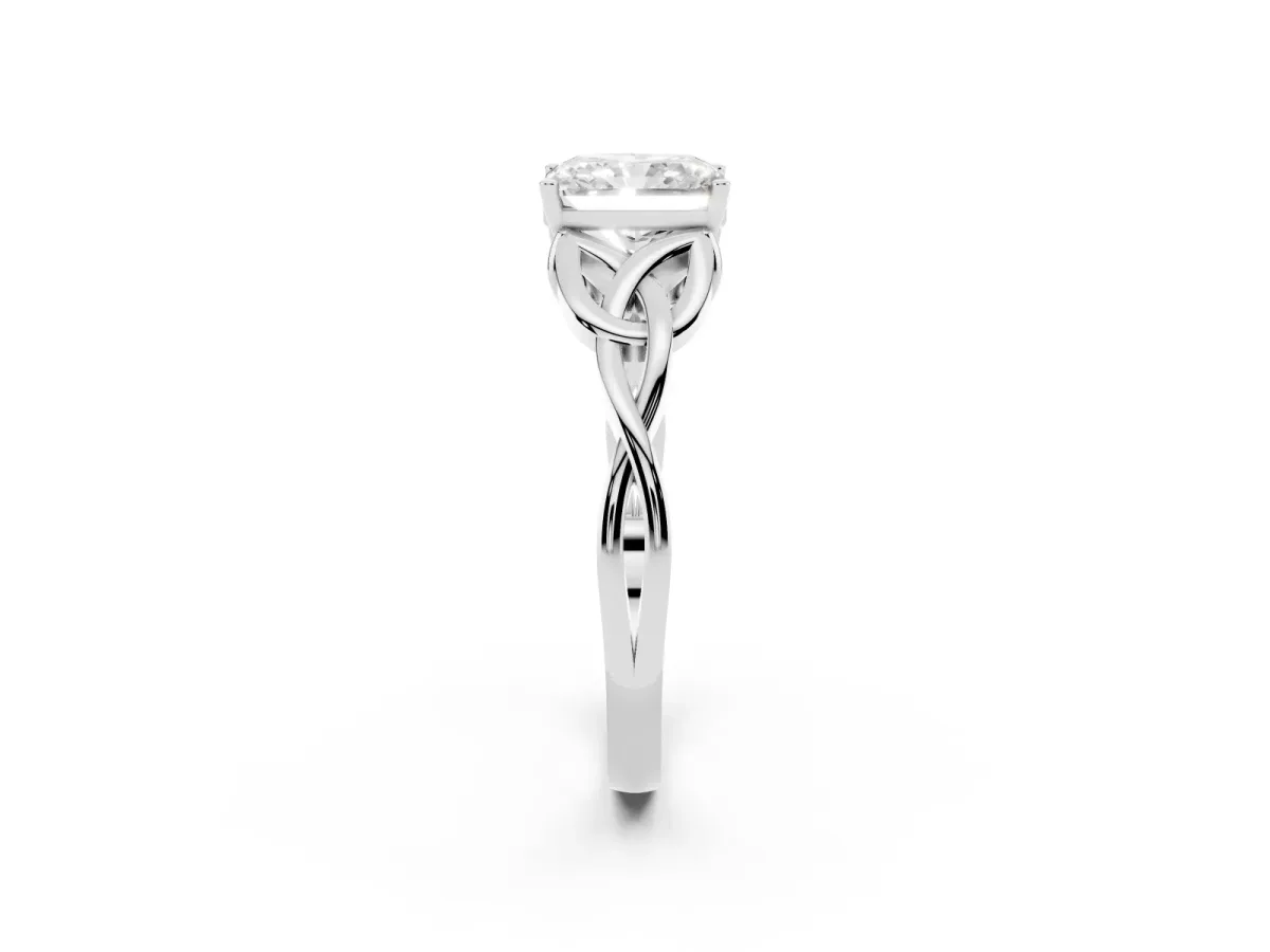 Radiant Cut Diamond Solitaire Engagement Ring with Celtic Knot Band and Four-Prong Setting Silver