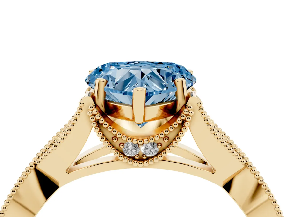 Fancy Blue Heart Cut Cut Diamond Twisted Band with Milgrain Pave Setting and Four-Prong Setting Yellow gold