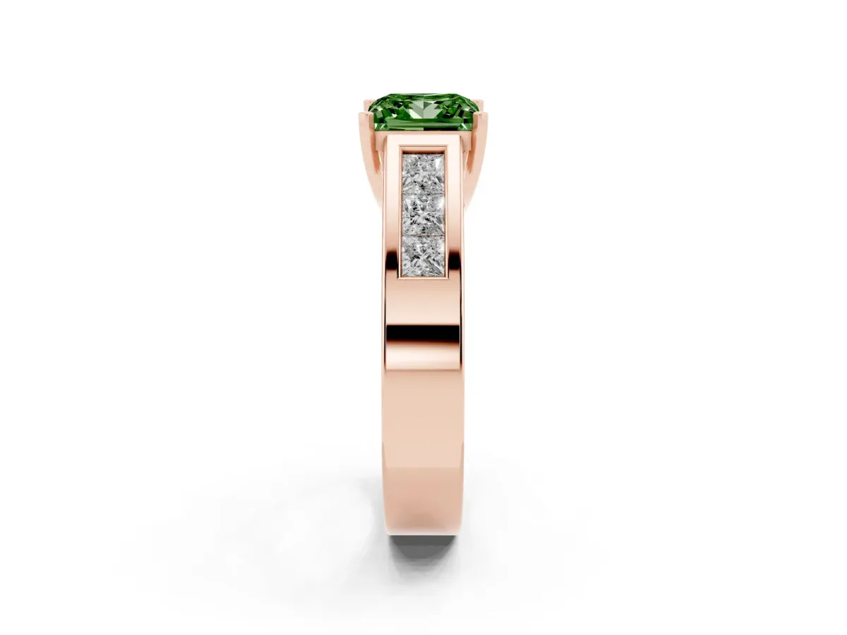 Fancy Green Princess Cut Cut Channel Set Solitaire Ring with Four-Prong Setting Rose gold