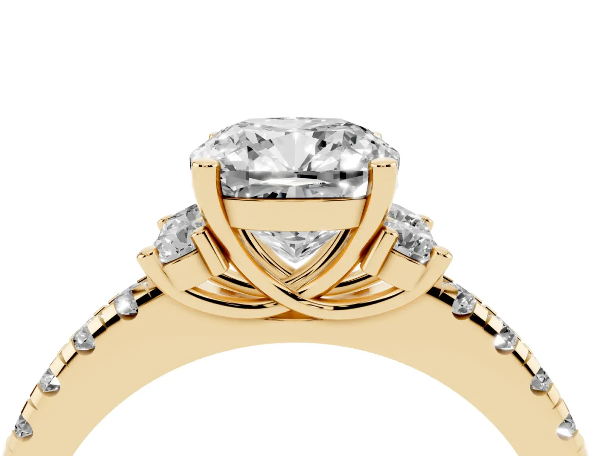 Cushion Cut Diamond Three-Stone Pave Band with Four-Prong Setting Yellow gold